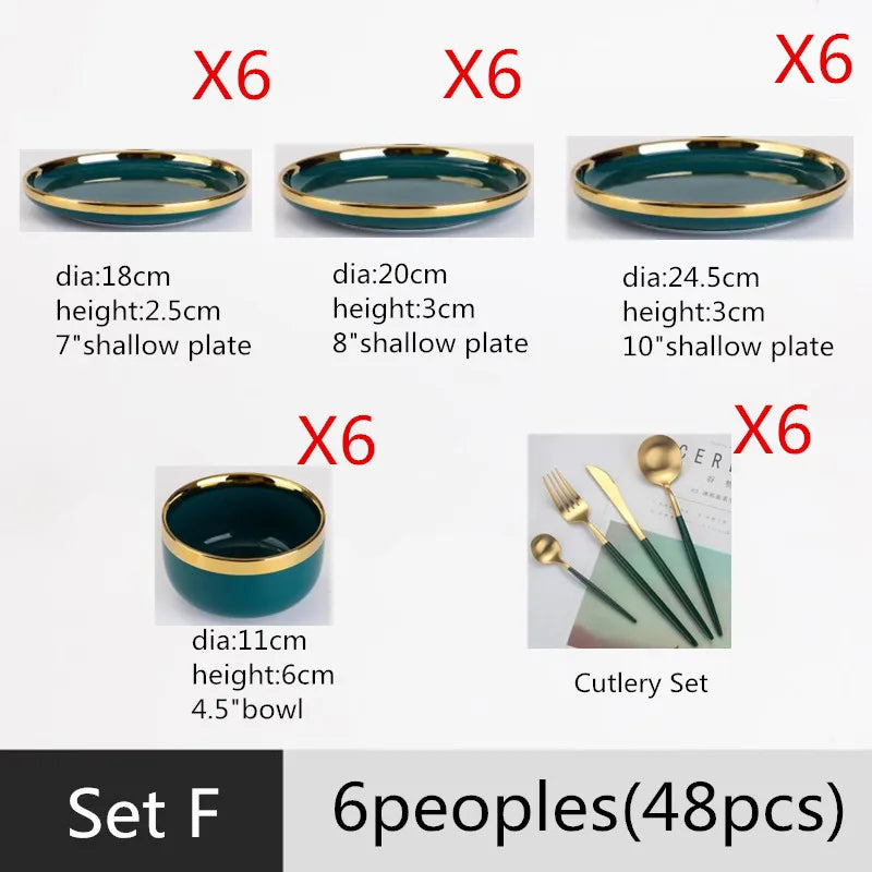 Luxury Forest Green Ceramic Dinnerware Set Include Shallow Plates Rice Soup Bowls Fish Dish And Spoon