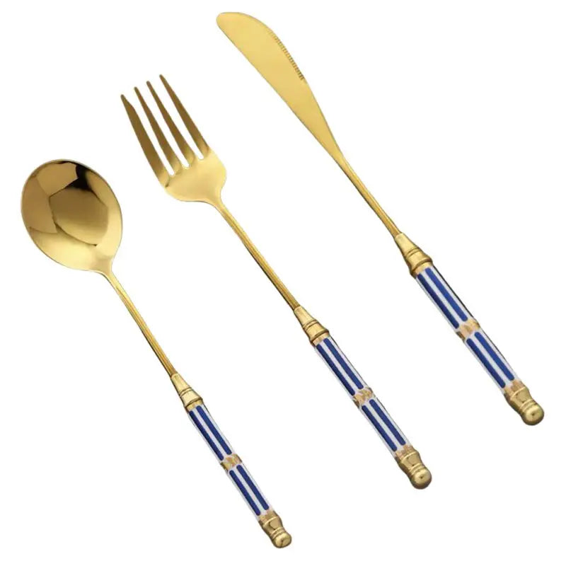 Kitchen Gold-plated Cutlery Set Dessert Forks Knives Spoons Set Elegant Design Ceramic Dinnerware For Home Restaurant Canteen