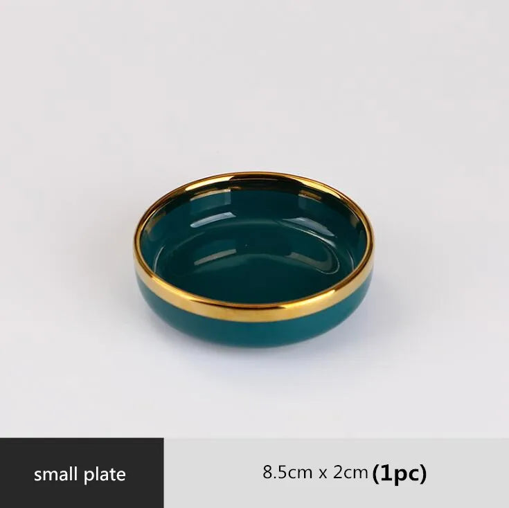 Luxury Forest Green Ceramic Dinnerware Set Include Shallow Plates Rice Soup Bowls Fish Dish And Spoon