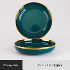Luxury Forest Green Ceramic Dinnerware Set Include Shallow Plates Rice Soup Bowls Fish Dish And Spoon