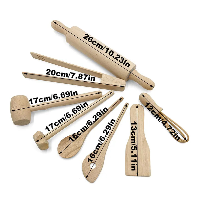 Children Wooden Kitchen Utensils Pretend Kitchen Toy Simulation Beech Wooden Spoon Shovel Egg Beater Clip Pretend Kitchen Set