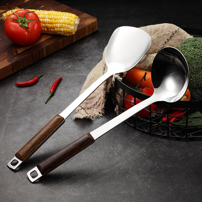 Kitchen Wooden Handle Wok Spatula Cooking Utensils Stainless Steel Frying Shovel Colander Soup Rice Spoon Kitchenware Tools