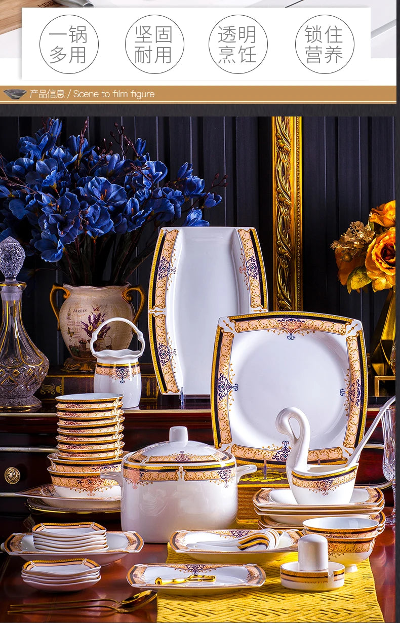 Luxury Ceramic Modern Dinnerware Set Microwaveable Gold Elegant European Style Wedding Dinnerware Party Hotel Vaisselle Gift