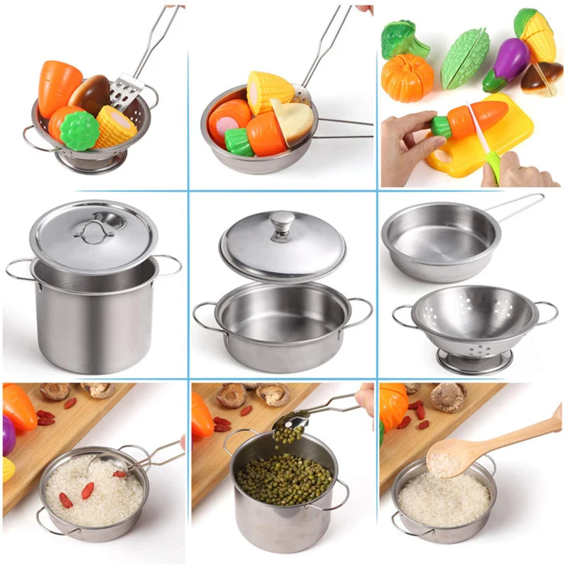 Kids Toy Pots and Pans Toys - Kitchen Play Set Pretend Cookware Mini Stainless Steel Cooking Utensils Development Toys