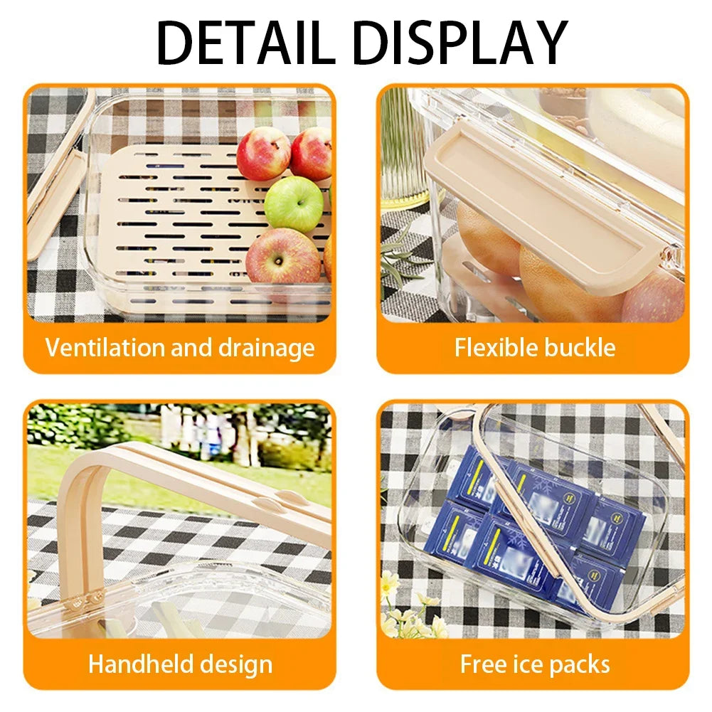 Portable Food Storage Container Large Capacity Airtight Freshness Box with Drain Plate for Outdoor Picnic Camping Use