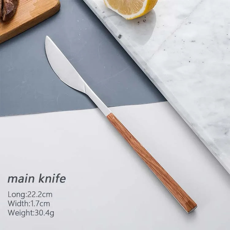 Stainless steel dinnerware sets steak knife/fork/spoon with wooden handle tableware cutlury set kichen accessories