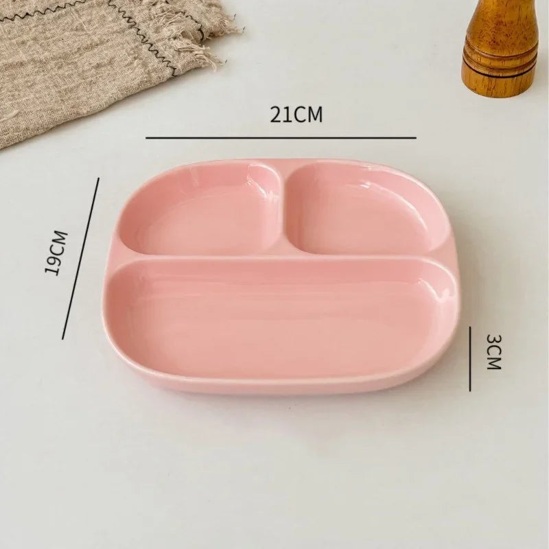 3Grid Ceramic Dinner Plates Solid Color Serving Dishes Salad Dinnerware Dining Compartment Plate Kitchen Eco-friendly Tableware