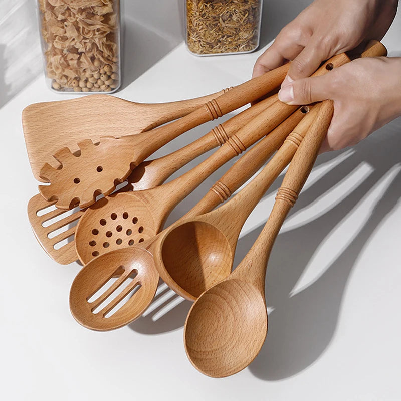 7pcs Wood Kitchen Utensils Set with Bamboo Joint Design Nature Wooden Spaghetti Spoons Wok Spatula for Cooking Accessories