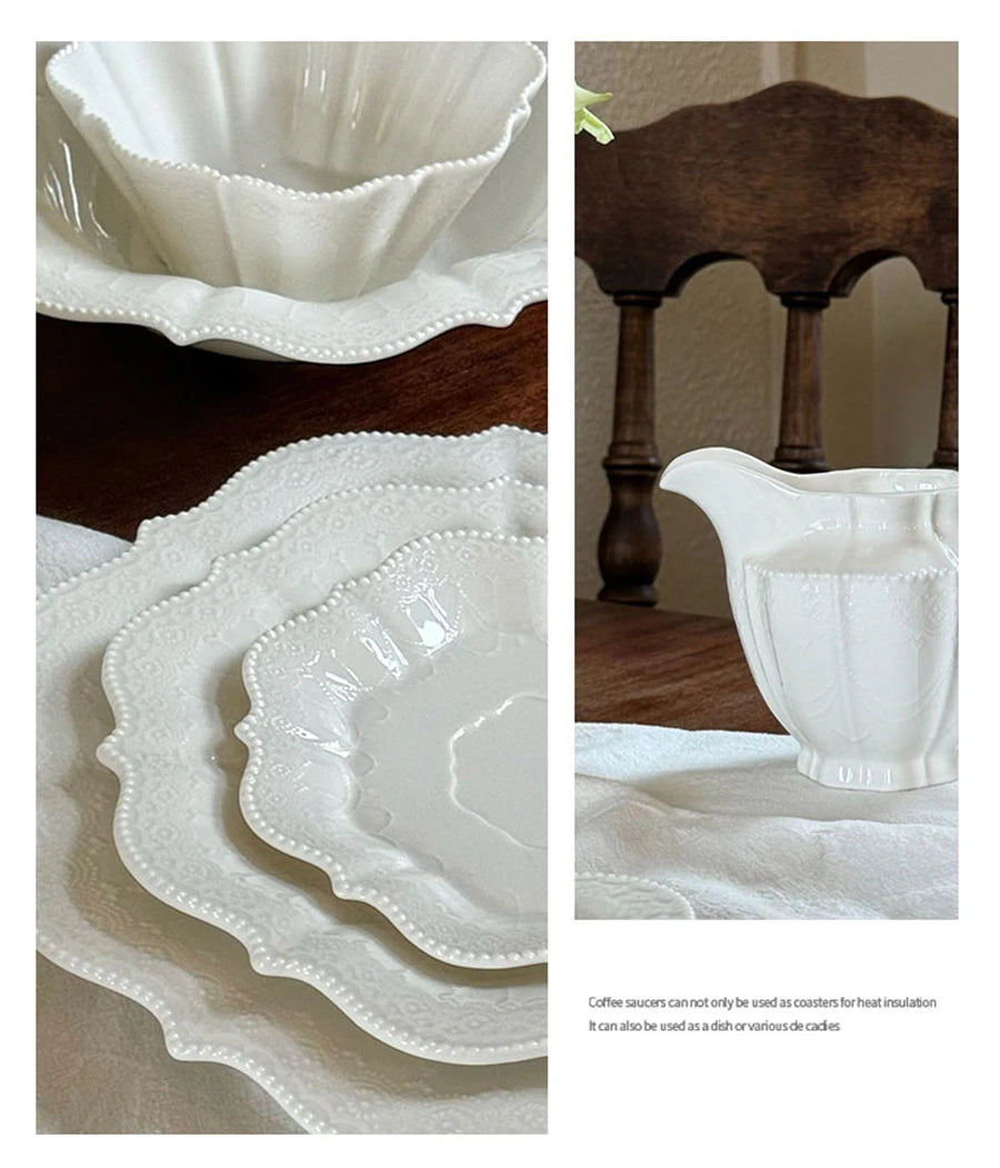Ceramic Plates Dinner Sets Elegant White Western Food Dishes Steak Paglio Salad Plate Embossed Party Tableware Cup and Saucer