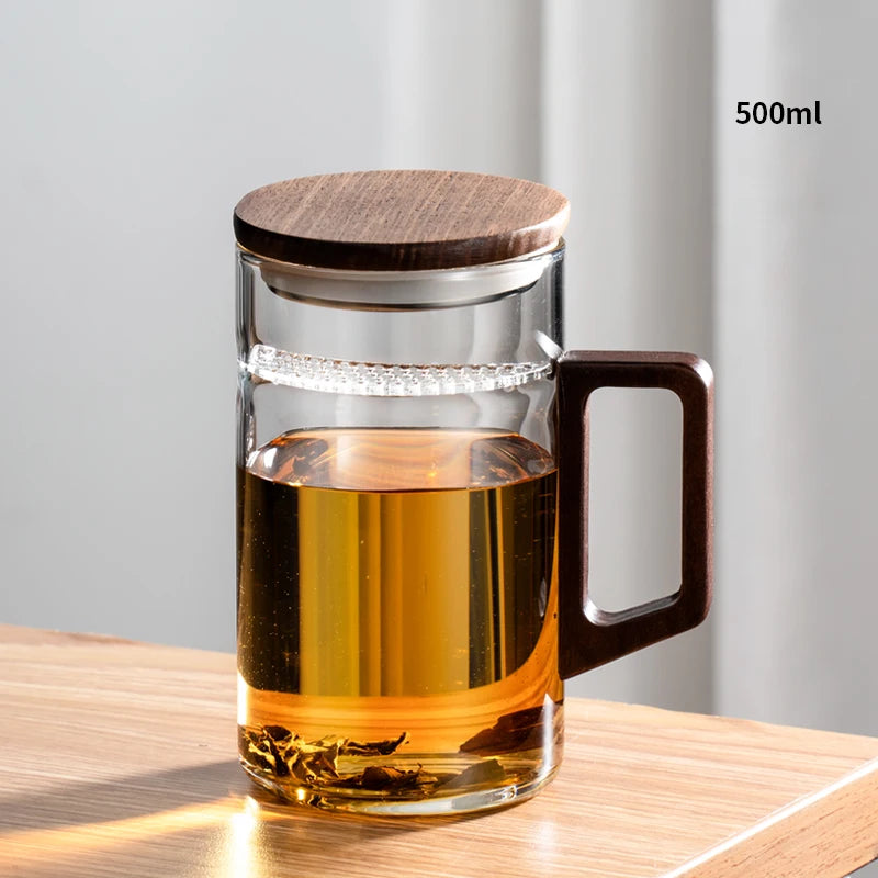 Household Portable Drinkware Transparent Glass Cup Wooden Handle Coffee Mug Kitchen Tea Making Cup Coffeeware Teaware