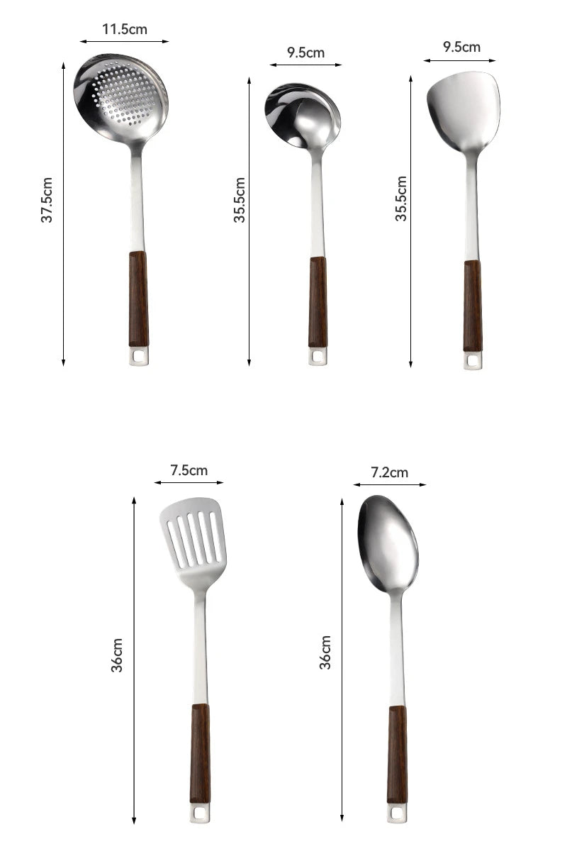 Kitchen Wooden Handle Wok Spatula Cooking Utensils Stainless Steel Frying Shovel Colander Soup Rice Spoon Kitchenware Tools