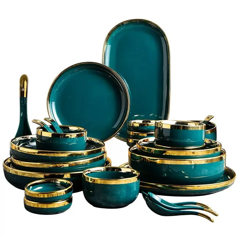 Luxury Forest Green Ceramic Dinnerware Set Include Shallow Plates Rice Soup Bowls Fish Dish And Spoon
