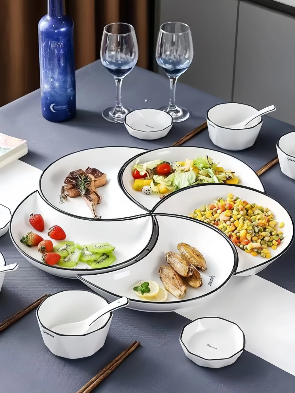 5 Piece Reunion Ceramic Dinnerware Set Moon Shaped Hot Pot Plate Flexible Combination of Plates According to Food Consumption