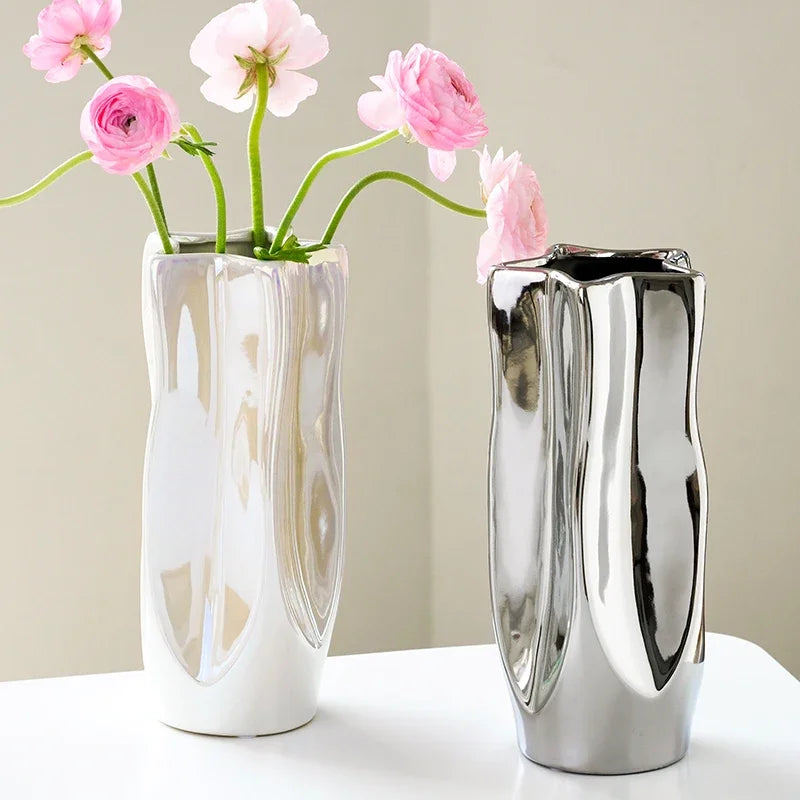 Ceramic Vase Flower Luxury Electroplated Silver Arrangement Irregular Porcelain Hydroponic Vase Ornament Interior Art Decoration