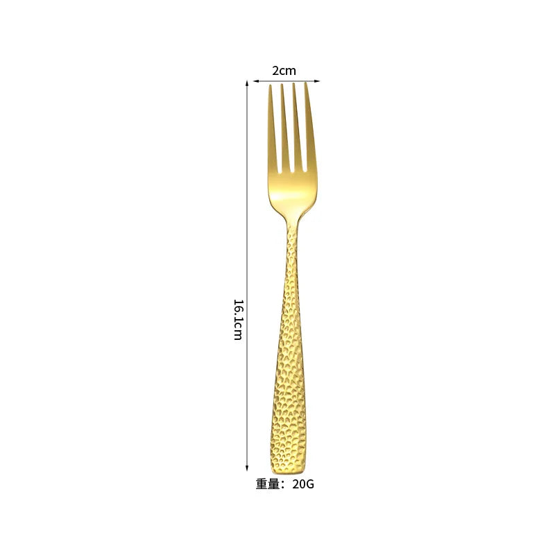 Gold Plated Stainless Steel Cutlery Sets Hotel Decorative Tableware Knife Fork Spoon Tespoon Hammered Utensils for Kitchen