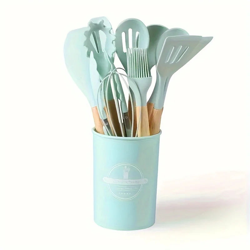 Silicone Kitchen Utensil Set with Wooden Handles Cooking & Baking Tools Including Non-Stick Spatula, Ladle, Whisk & Storage Rack