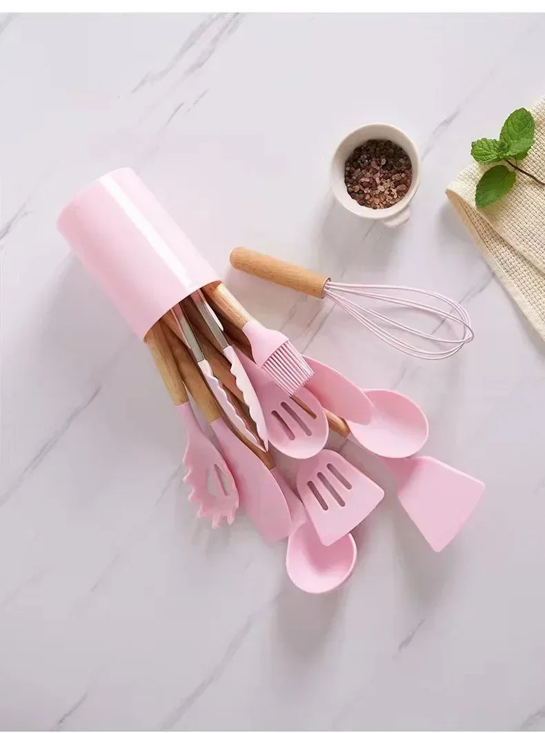Silicone Kitchen Utensils Set with Wooden Handle Non-stick Kitchen Utensils Spade Shovel Egg Cookware Blenders 12 Uds