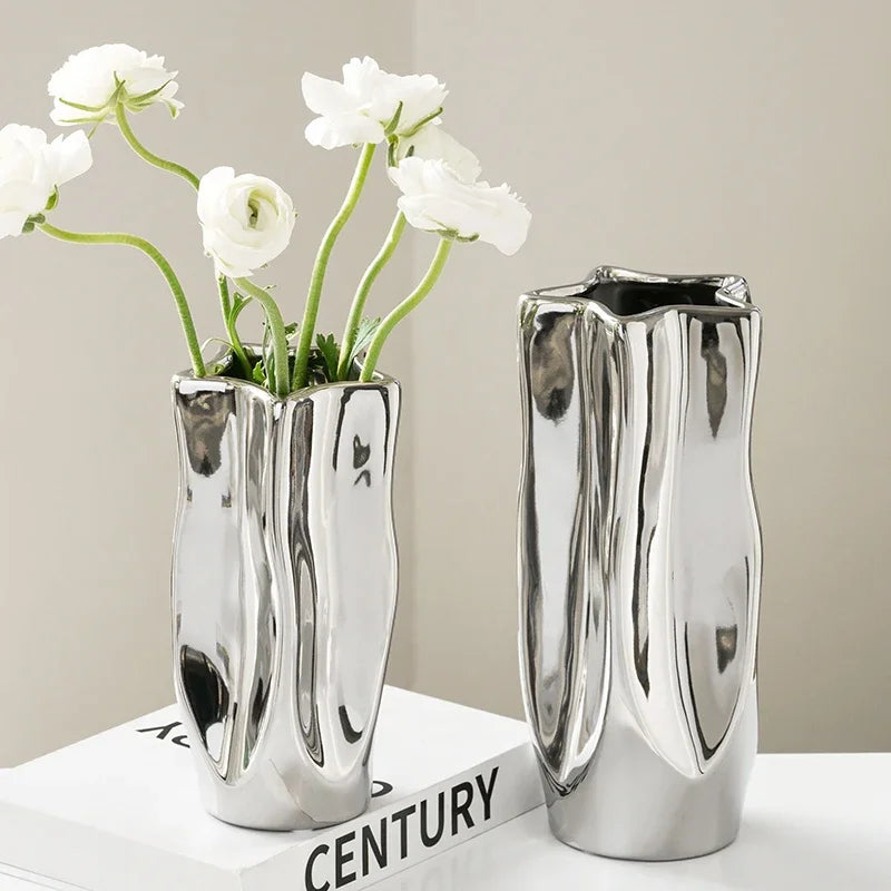 Ceramic Vase Flower Luxury Electroplated Silver Arrangement Irregular Porcelain Hydroponic Vase Ornament Interior Art Decoration