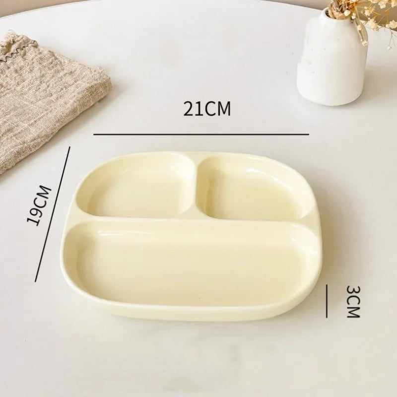 3Grid Ceramic Dinner Plates Solid Color Serving Dishes Salad Dinnerware Dining Compartment Plate Kitchen Eco-friendly Tableware