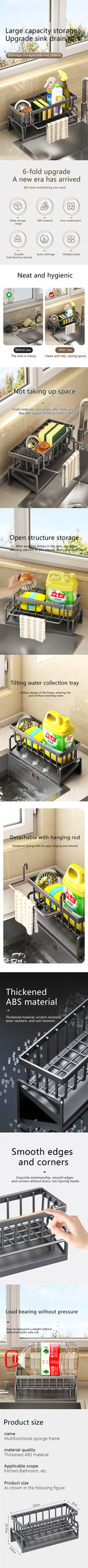 Kitchen Sponge Rack Drain Water Place Dish Soap Organize Rags Multi Functional Large Capacity Countertop and Store Items