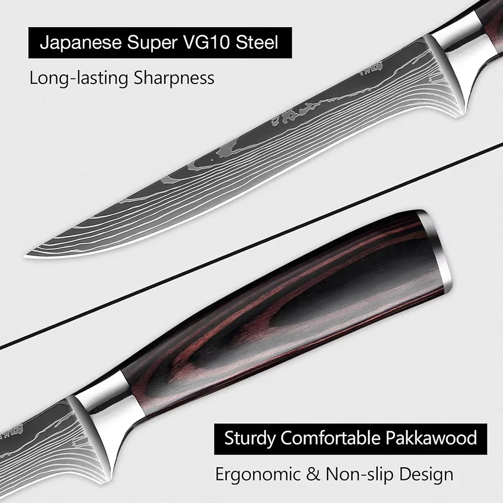 Kitchen Knife 6PCS Set Stainless Steel ,Includes Chef's Knife, Bread , Boning Knife, Fruit Knife, with Solid Wood Knife Holder