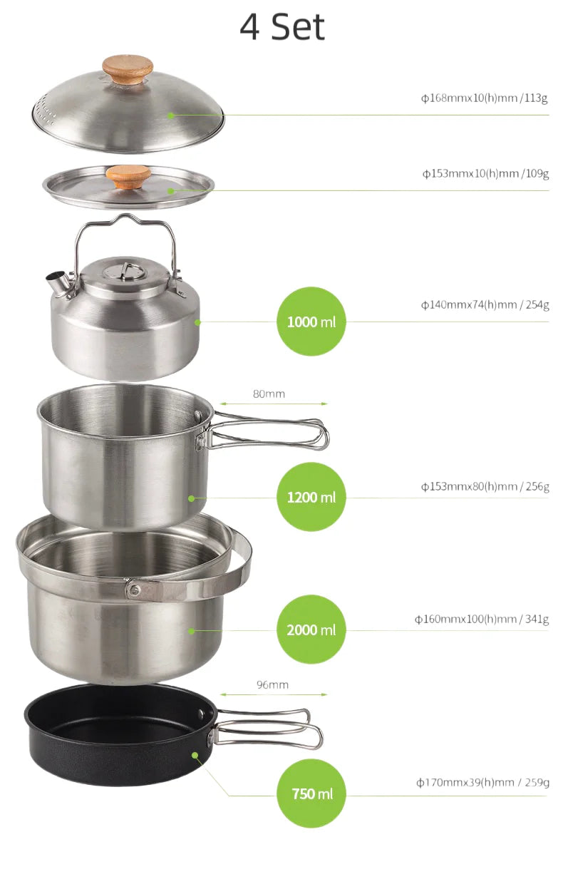 Camping Cookware Stainless Steel Set Outdoor Hiking Portable Picnic Tableware Kit Pot Frying Pan Kettle Set For Outdoor Cooking