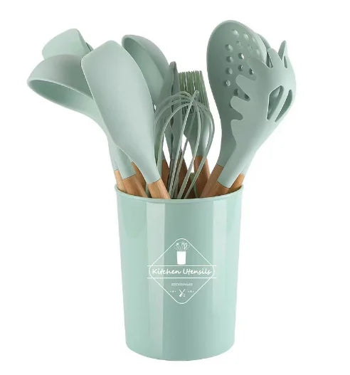 Silicone Kitchen Utensils Set with Wooden Handle Non-stick Kitchen Utensils Spade Shovel Egg Cookware Blenders 12 Uds