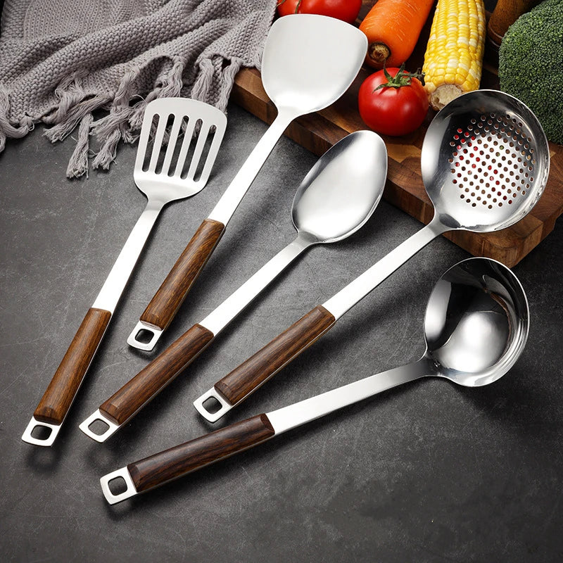 Kitchen Wooden Handle Wok Spatula Cooking Utensils Stainless Steel Frying Shovel Colander Soup Rice Spoon Kitchenware Tools