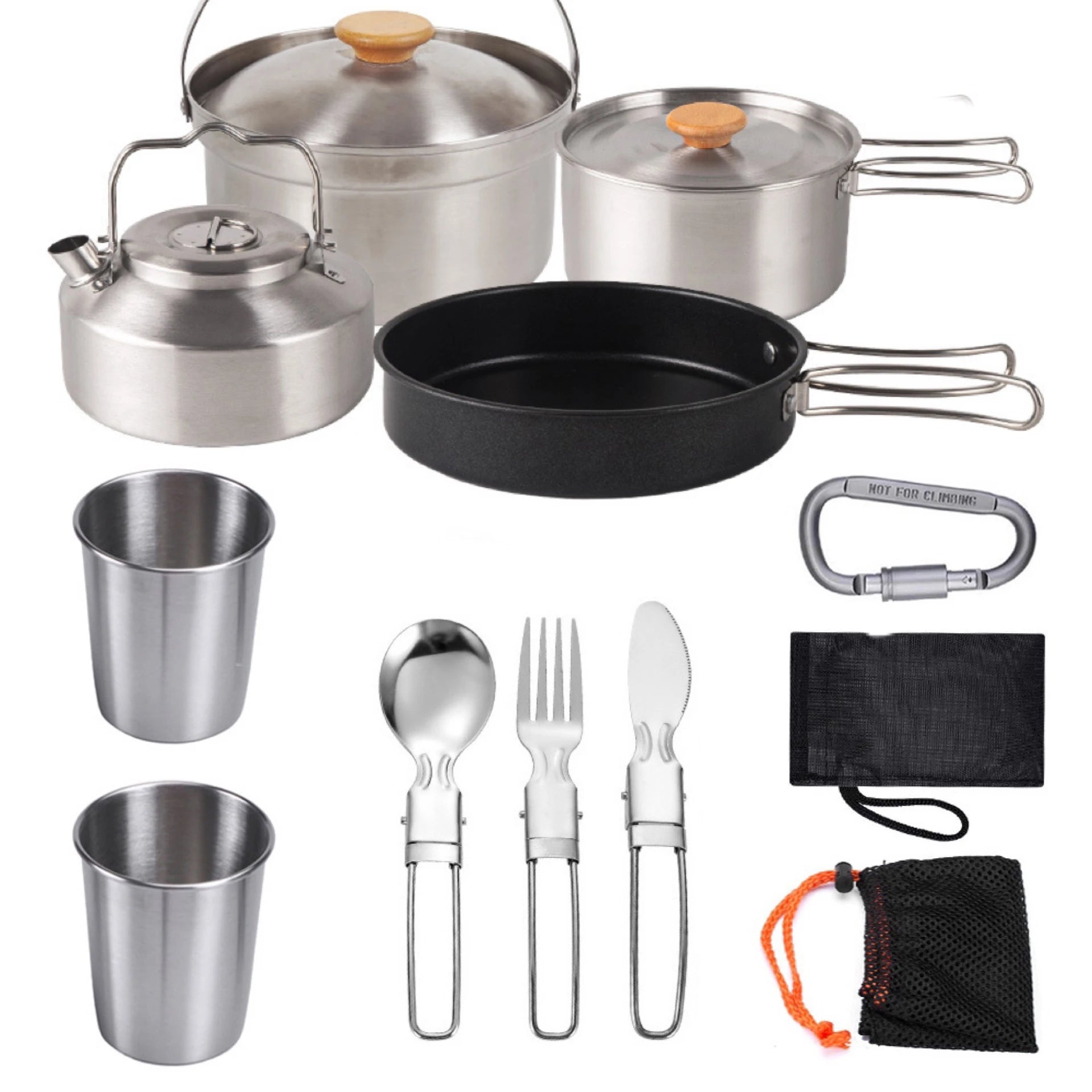 Camping Cookware Stainless Steel Set Outdoor Hiking Portable Picnic Tableware Kit Pot Frying Pan Kettle Set For Outdoor Cooking
