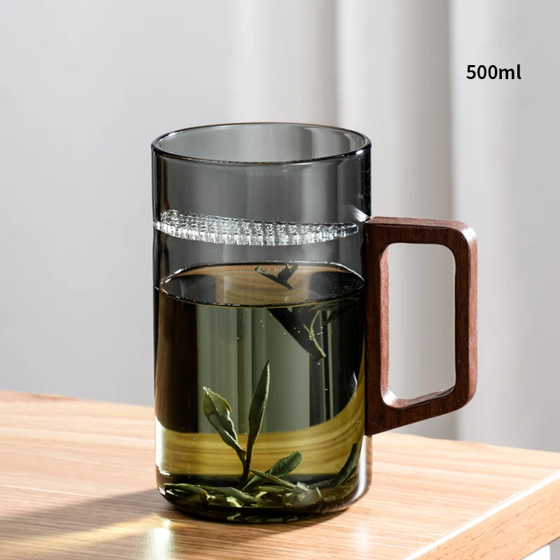 Household Portable Drinkware Transparent Glass Cup Wooden Handle Coffee Mug Kitchen Tea Making Cup Coffeeware Teaware
