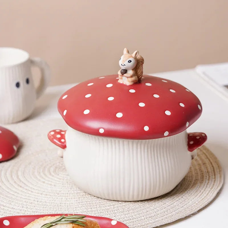 Red Mushroom ceramic Coffee Mug Dinner Plates Noodle Bowls Salad Bowls Teapot Cakepan Afternoon Tea Party Gift for Girl
