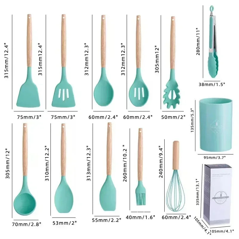Silicone Kitchen Utensils Set with Wooden Handle Non-stick Kitchen Utensils Spade Shovel Egg Cookware Blenders 12 Uds