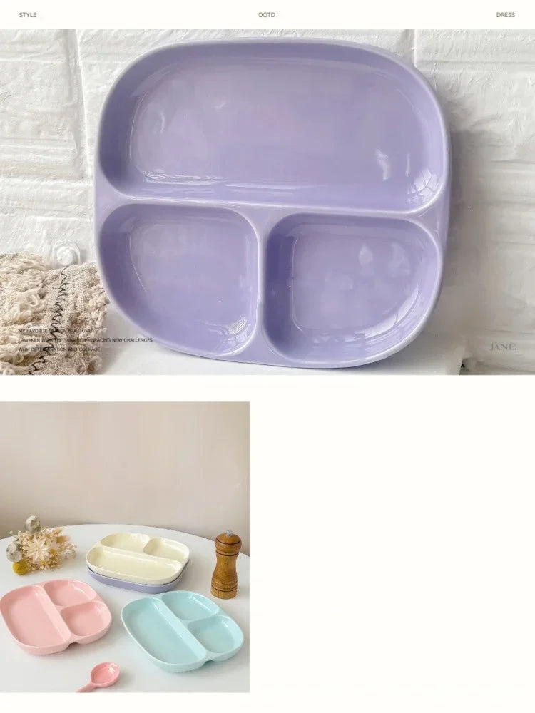 3Grid Ceramic Dinner Plates Solid Color Serving Dishes Salad Dinnerware Dining Compartment Plate Kitchen Eco-friendly Tableware