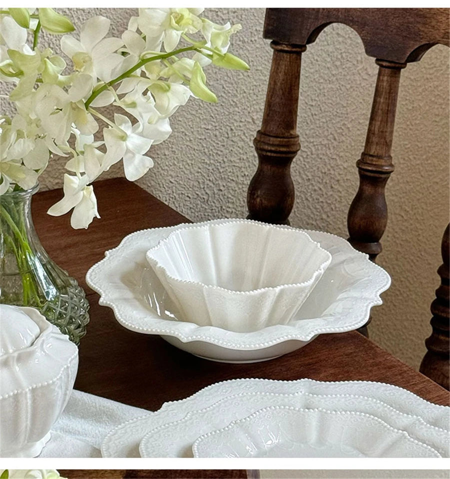 Ceramic Plates Dinner Sets Elegant White Western Food Dishes Steak Paglio Salad Plate Embossed Party Tableware Cup and Saucer