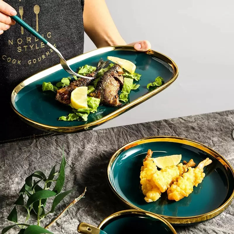Luxury Forest Green Ceramic Dinnerware Set Include Shallow Plates Rice Soup Bowls Fish Dish And Spoon