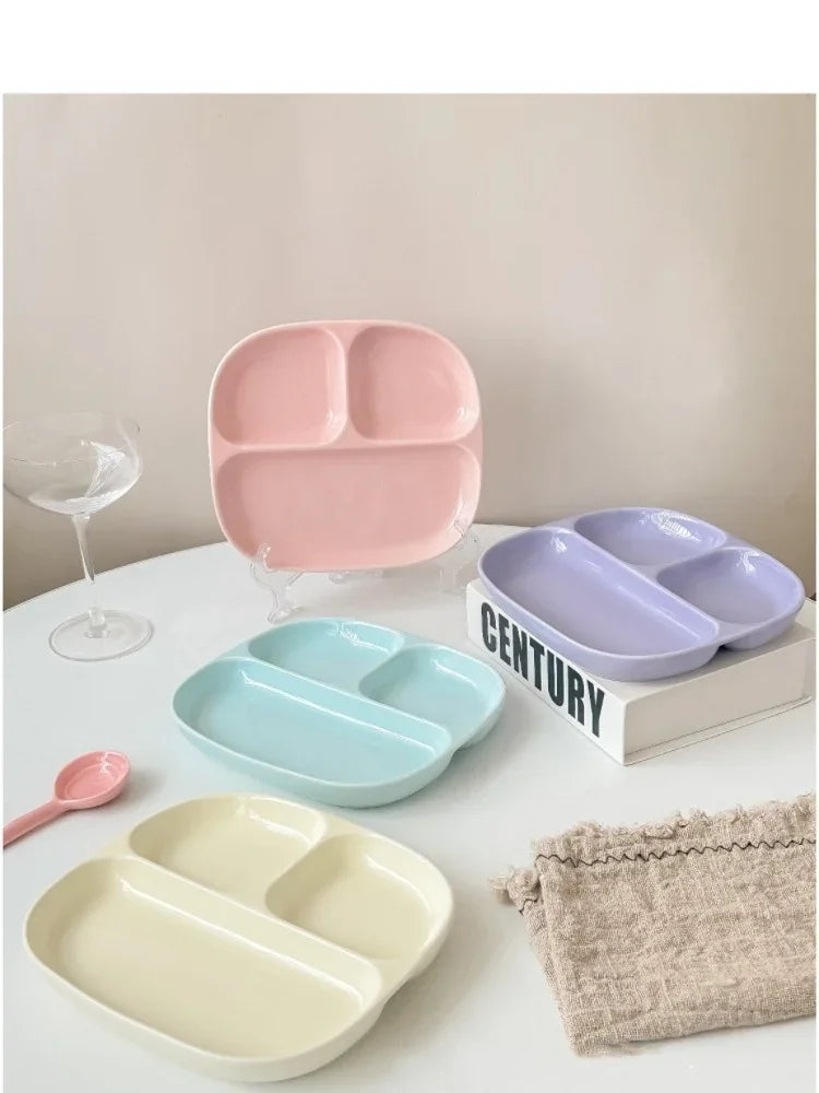 3Grid Ceramic Dinner Plates Solid Color Serving Dishes Salad Dinnerware Dining Compartment Plate Kitchen Eco-friendly Tableware