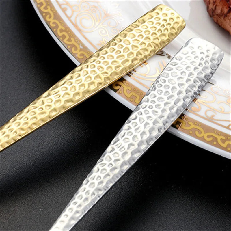 Gold Plated Stainless Steel Cutlery Sets Hotel Decorative Tableware Knife Fork Spoon Tespoon Hammered Utensils for Kitchen