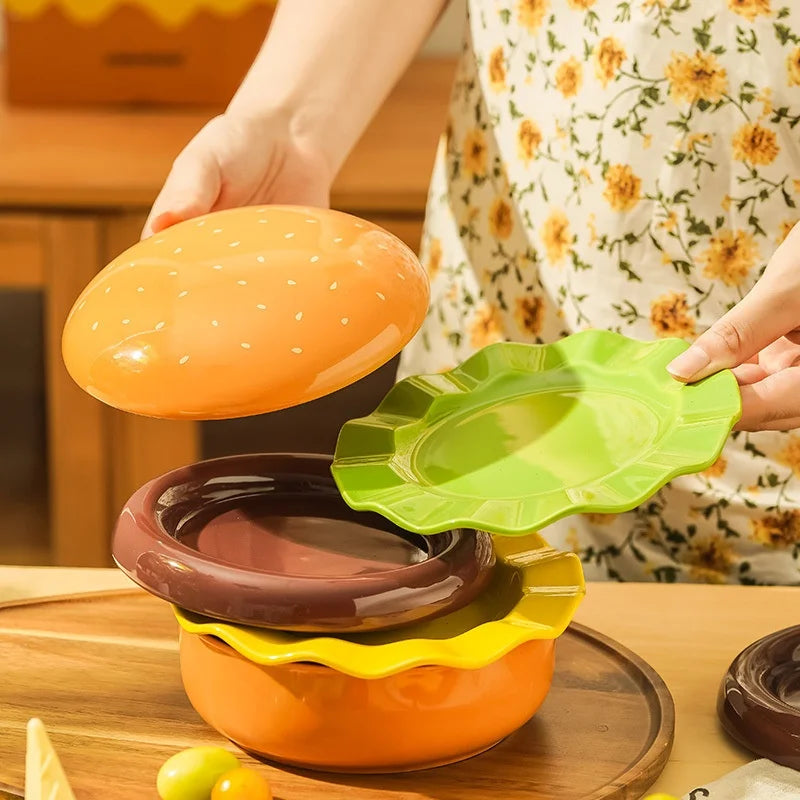Stackable Burger Plate Bowl Set Modern Hamburger Ceramic Dinnerware Set Tableware For Housewarming Home Wedding Restaurant Party