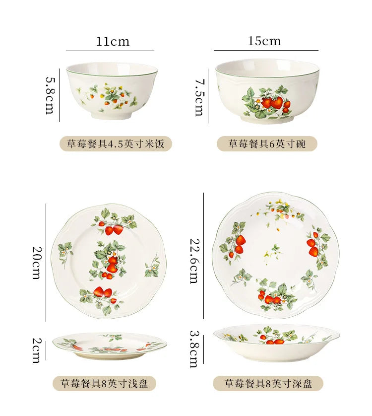 Retro Strawberry Dinner Plate and Bowl Set Decorative Ceramic Salad Dessert Plate Curry Pasta Dish Crockery Dinnerware Set