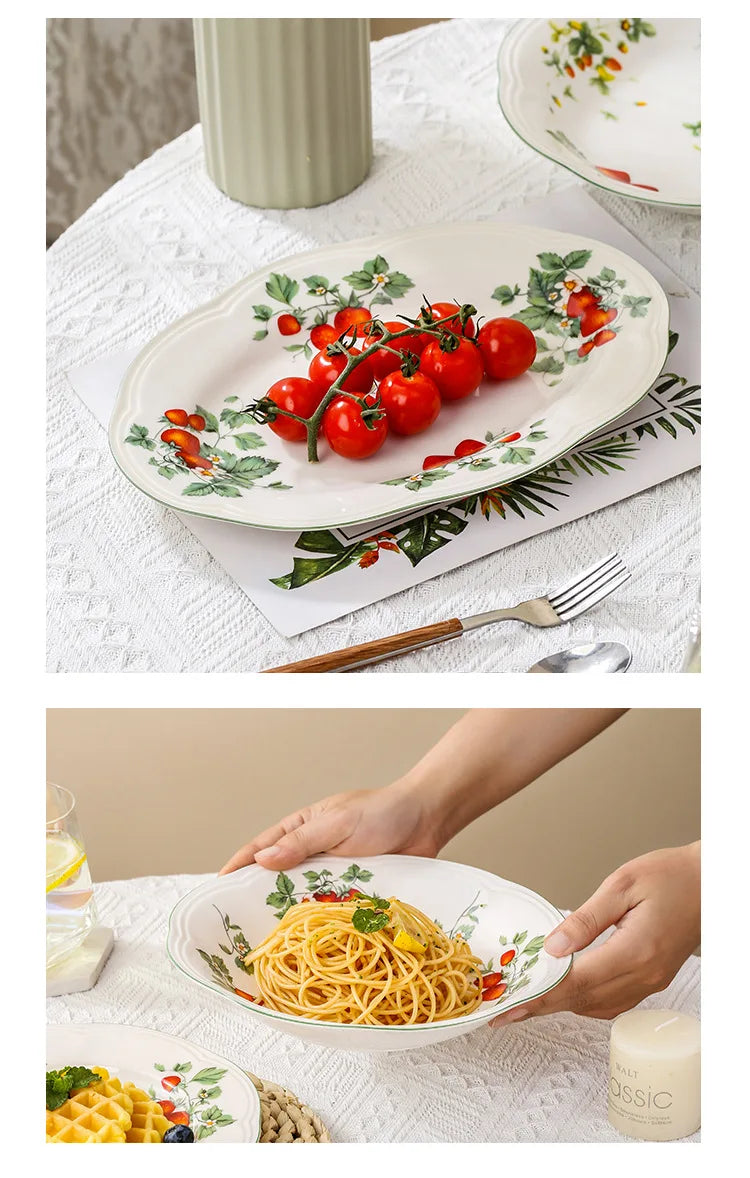 Retro Strawberry Dinner Plate and Bowl Set Decorative Ceramic Salad Dessert Plate Curry Pasta Dish Crockery Dinnerware Set