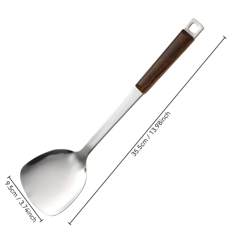 Kitchen Wooden Handle Wok Spatula Cooking Utensils Stainless Steel Frying Shovel Colander Soup Rice Spoon Kitchenware Tools