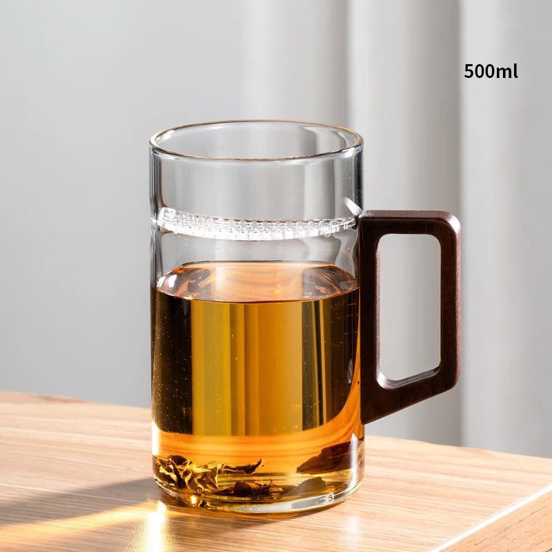 Household Portable Drinkware Transparent Glass Cup Wooden Handle Coffee Mug Kitchen Tea Making Cup Coffeeware Teaware