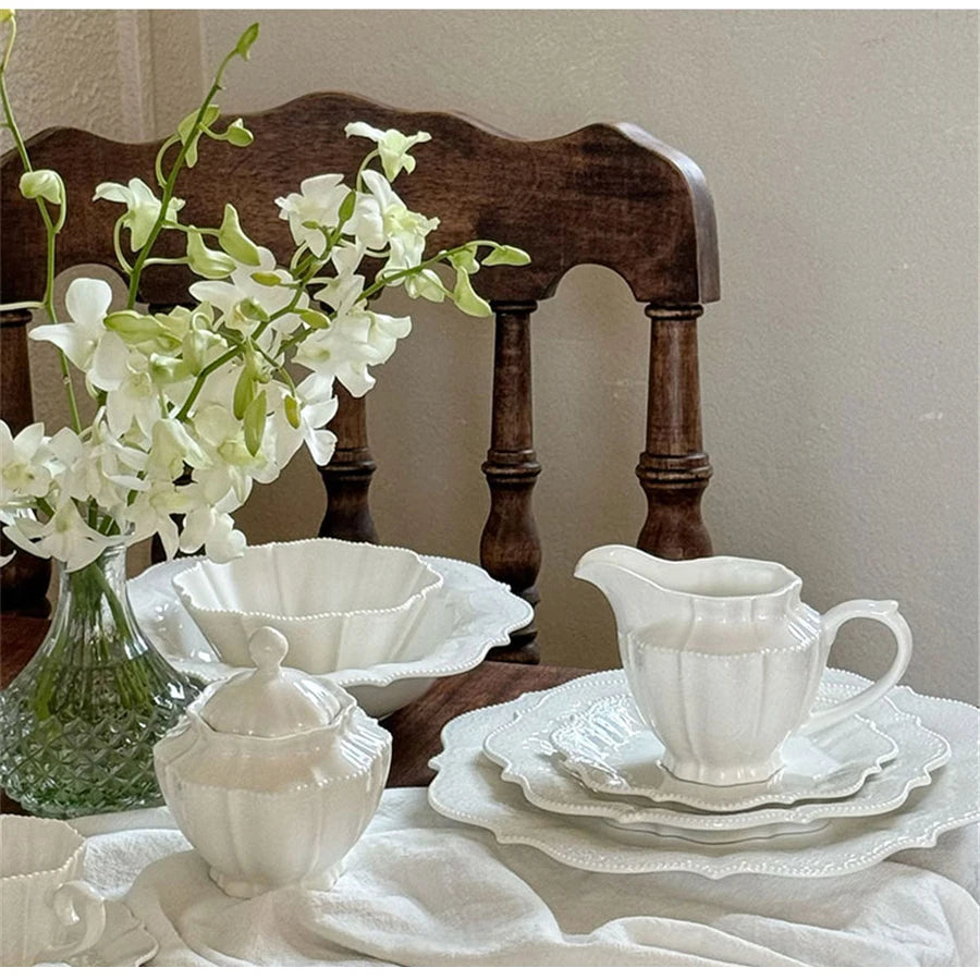 Ceramic Plates Dinner Sets Elegant White Western Food Dishes Steak Paglio Salad Plate Embossed Party Tableware Cup and Saucer