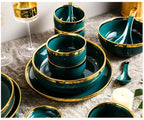 Luxury Forest Green Ceramic Dinnerware Set Include Shallow Plates Rice Soup Bowls Fish Dish And Spoon