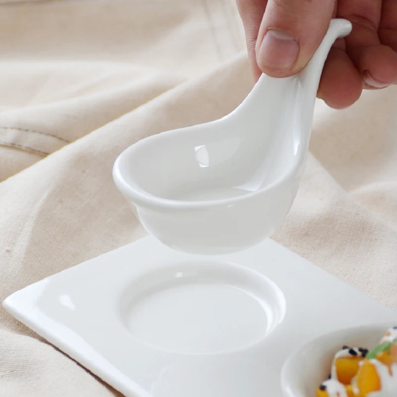 European Ceramic Tableware White Spoon Bowl Caviar Snack Plate Fruit Platter Restaurant Kitchen Ceramic Tableware Bowl Plate Set