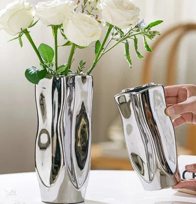 Ceramic Vase Flower Luxury Electroplated Silver Arrangement Irregular Porcelain Hydroponic Vase Ornament Interior Art Decoration