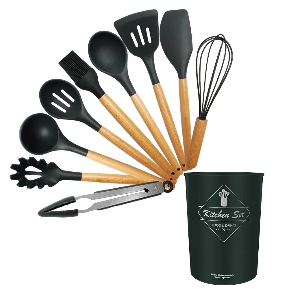 Silicone Kitchen Utensils Set, Non - stick Spatula Shovel, Wooden Handle Cooking Tools, Kitchen Accessories Tool, 9/11/12Pc