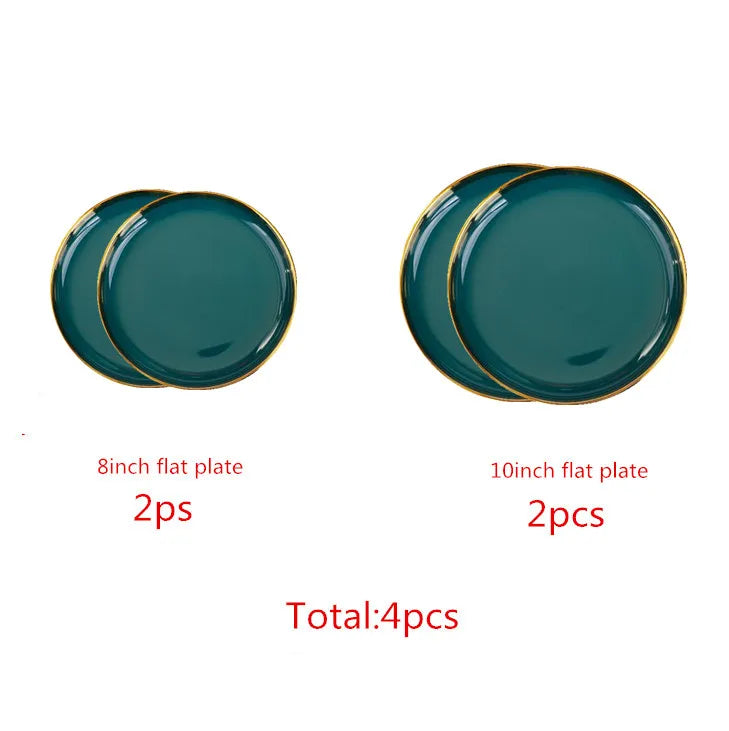 Luxury Forest Green Ceramic Dinnerware Set Include Shallow Plates Rice Soup Bowls Fish Dish And Spoon