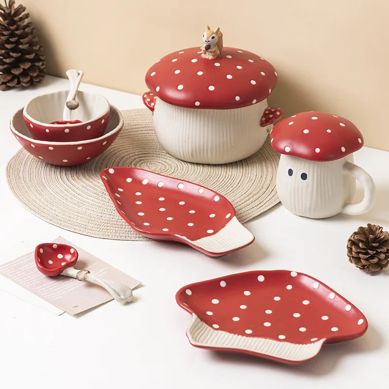 Red Mushroom ceramic Coffee Mug Dinner Plates Noodle Bowls Salad Bowls Teapot Cakepan Afternoon Tea Party Gift for Girl