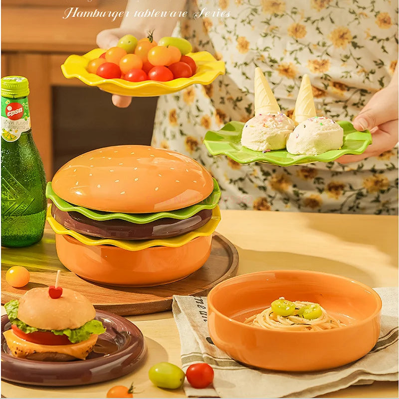 Stackable Burger Plate Bowl Set Modern Hamburger Ceramic Dinnerware Set Tableware For Housewarming Home Wedding Restaurant Party